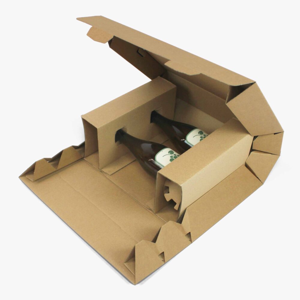 the plastic-free rollor versatile is shipping two wine bottles together in a protective and sustainable manner, it does not need bubble wrap or void fill